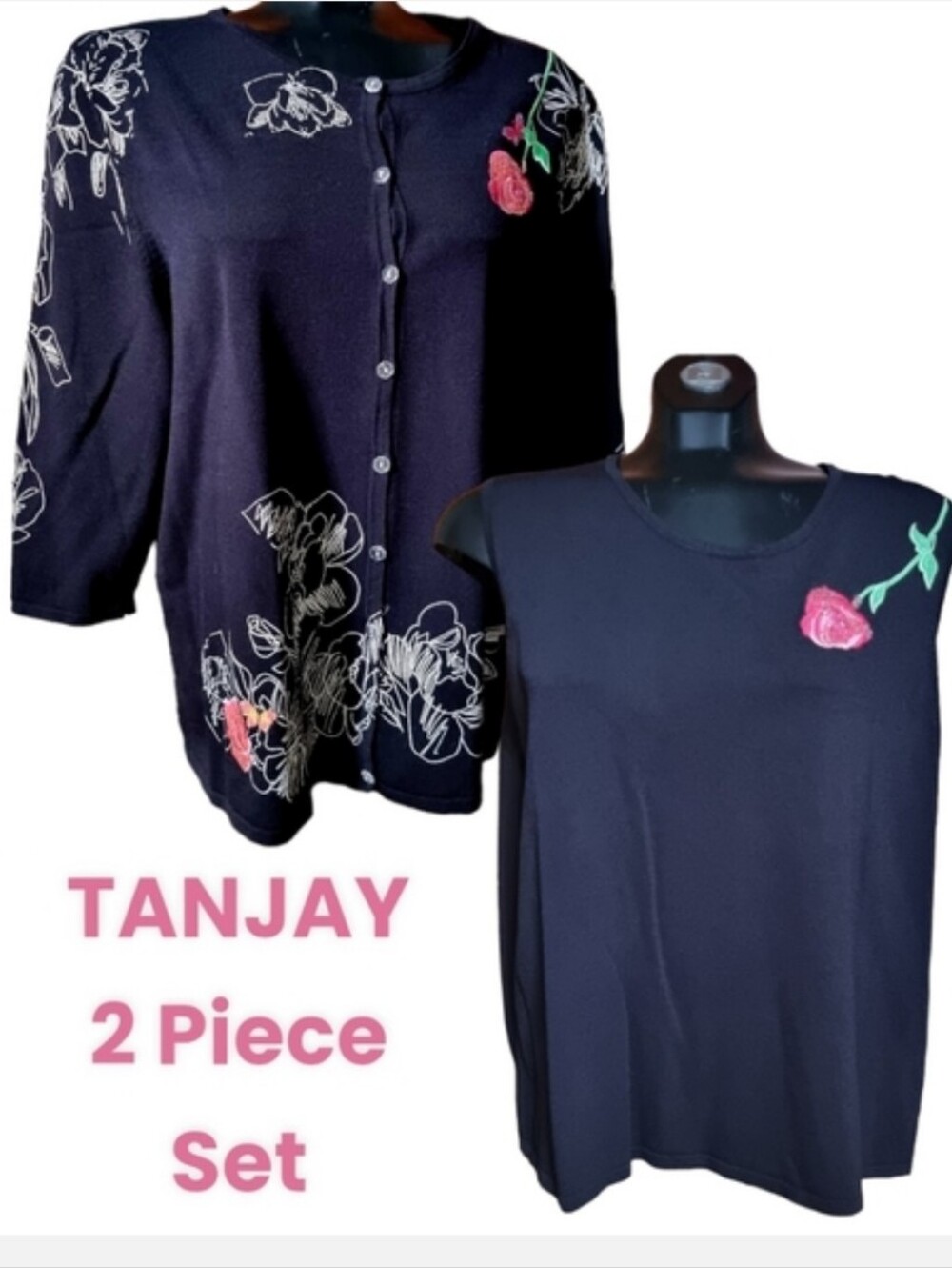 TanJay Vintage 90s Y2K Black Two-Piece Embroidered Rose Top & Cardigan Set